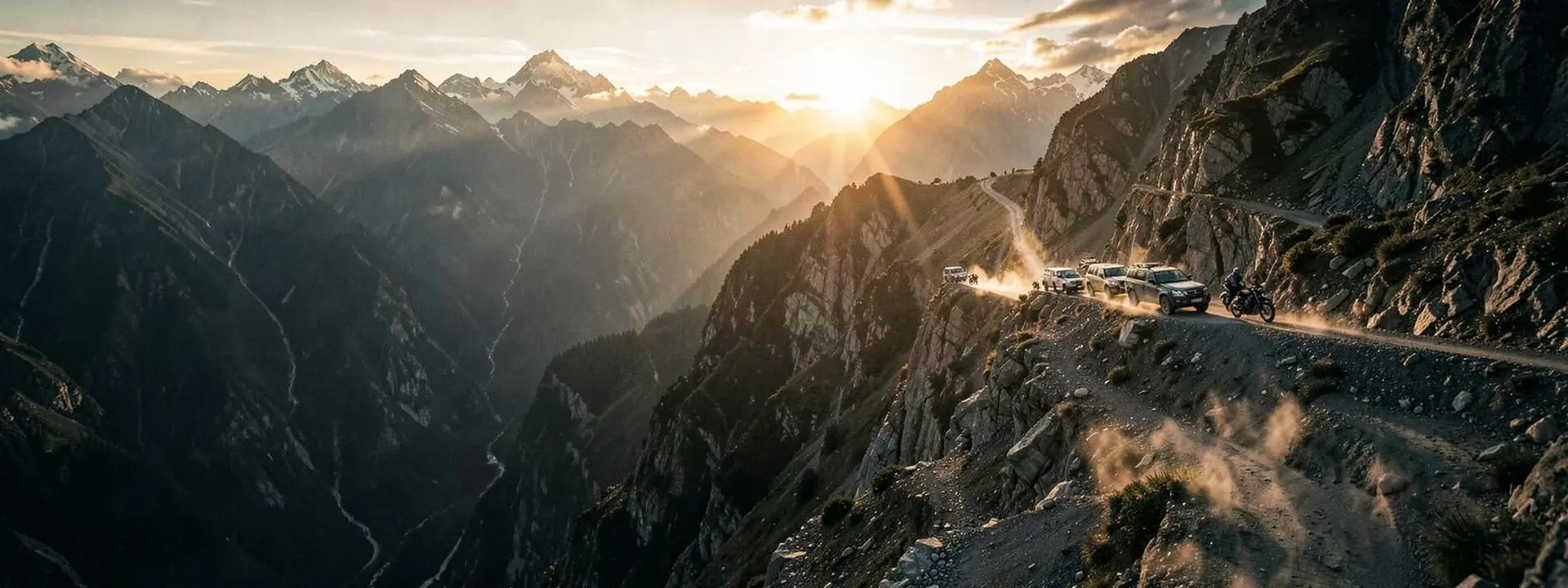 Convoy of SUVs and motorcycles on a cliff-carved Himalayan road at golden hour