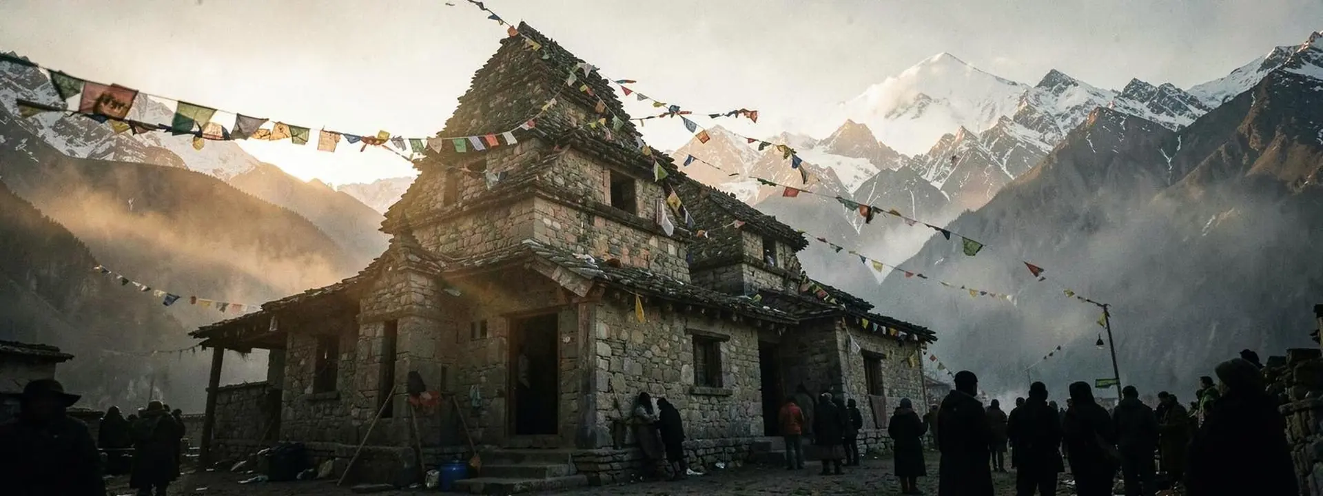Ancient Himalayan stone temple with prayer flags at dawn and snow peaks behind