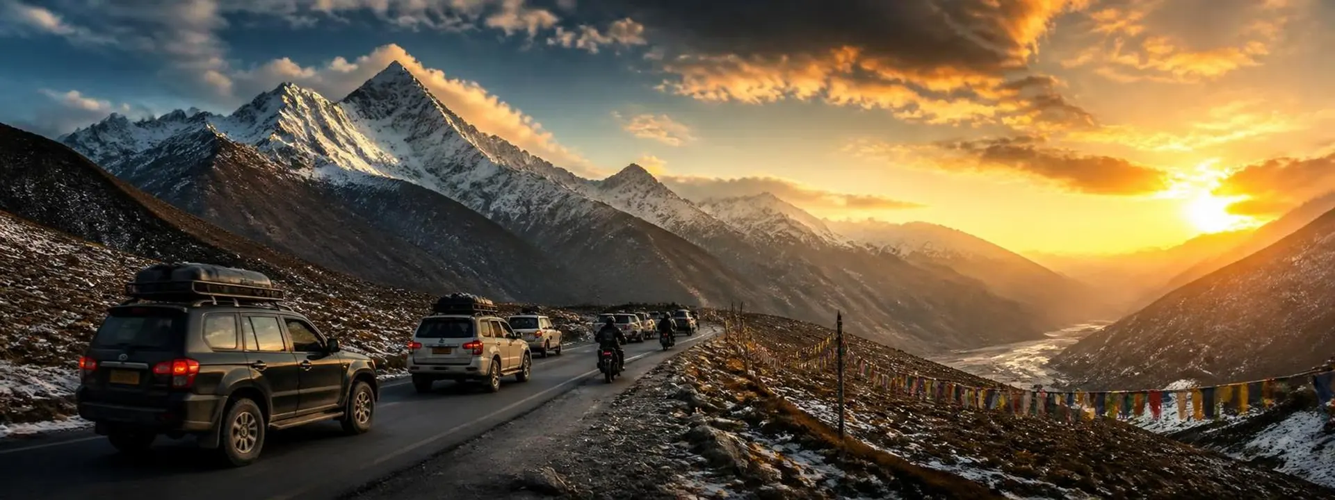 Himalayan Squad convoy of SUVs and bikes on a high-altitude mountain road at sunset