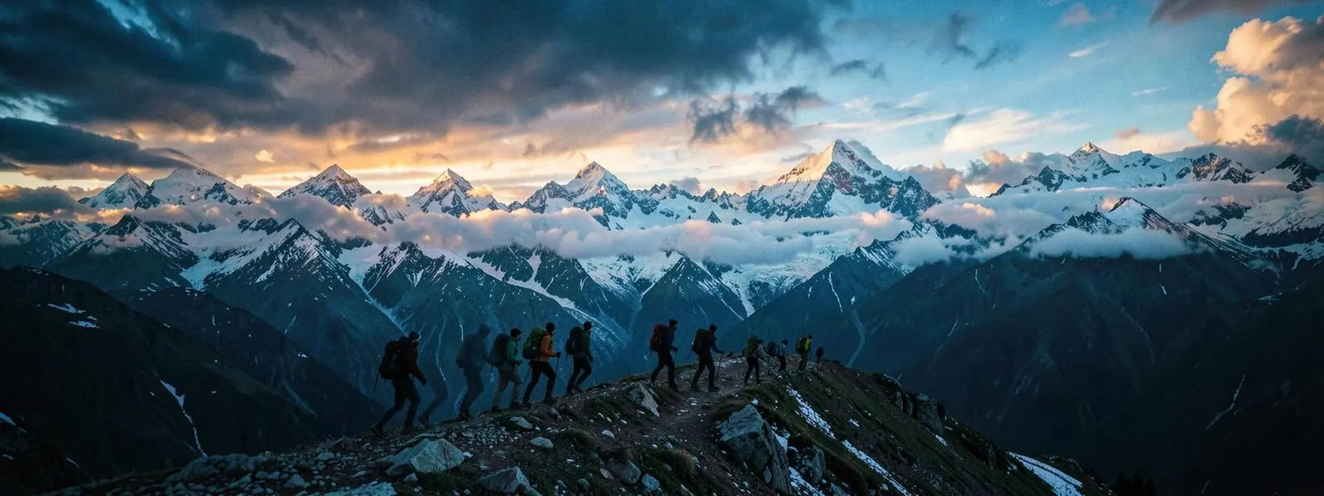 Trekkers crossing a high alpine ridge at sunrise among snow-capped Himalayan peaks